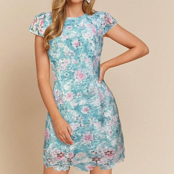 Dresses & Skirts - Blue Elegant Women's Lace & Ditsy Floral Asymmetrical Hem Short Sleeve dress
